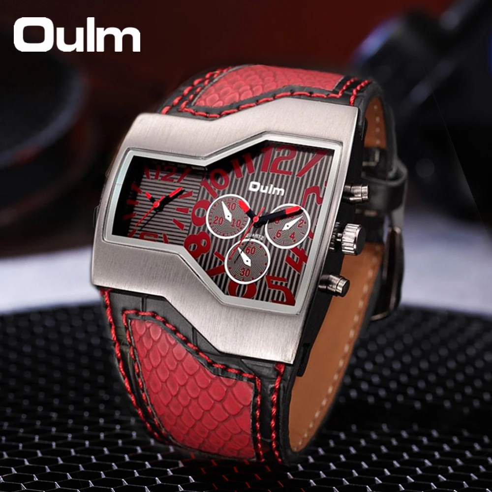 Oulm 럭셔리 밀리터리 쿼츠 시계, 독특한 다중 시간대 가죽 스트랩, 남성 손목 시계, 최고 브랜드