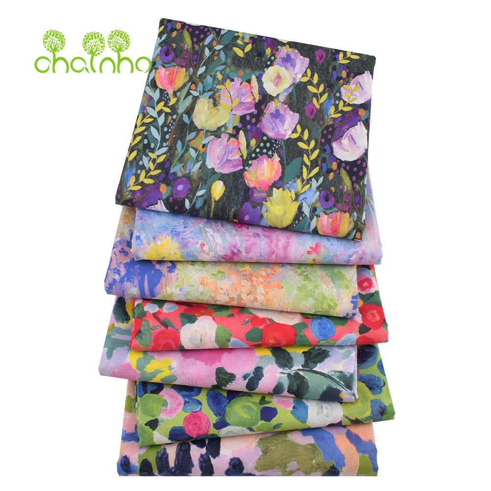 Chainho,Printed Plain Weave Poplin Cotton Fabric,DIY Quilting Sewing Material,Patchwork Cloth,Floral Series,2 Sizes,15PC208