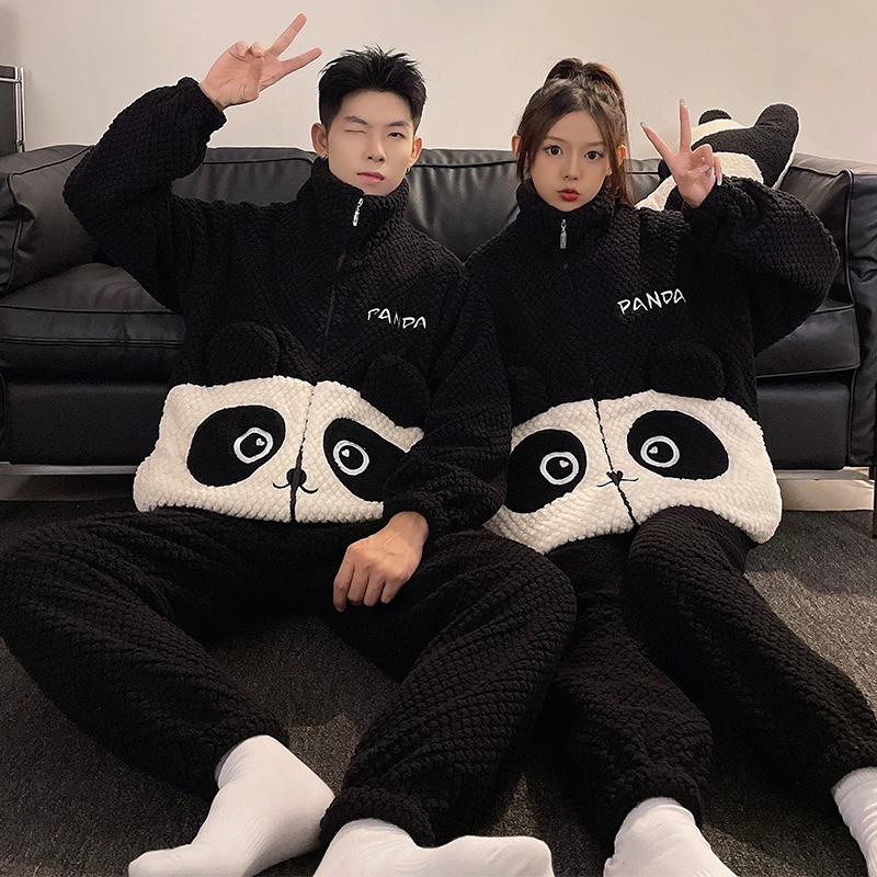 

Winter Thick Pajamas Sets Women Men Pyjamas Sleepwear Cartoon Panda Korean Lovers Homewear Soft Warm Pijama Zipper Unisex