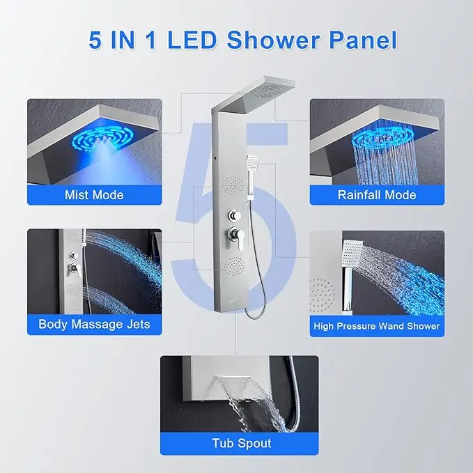 ROVATE LED Shower Panel Tower System Mist Rain Bathroom Stainless Steel 5 IN 1 Column Tub Spout 2 Full Body Massage Jets Brushed