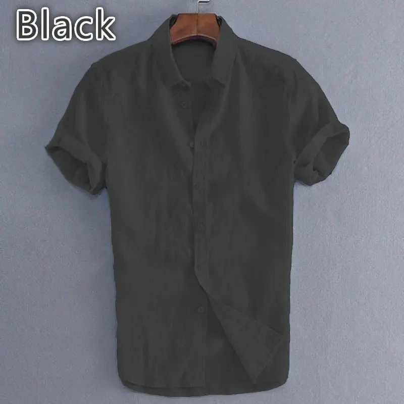 Hot Sale Men\'s Short-Sleeved Shirts Cotton Linen Summer Solid Color Turn-down Collar Quick Drying Casual Beach Style Plus Size