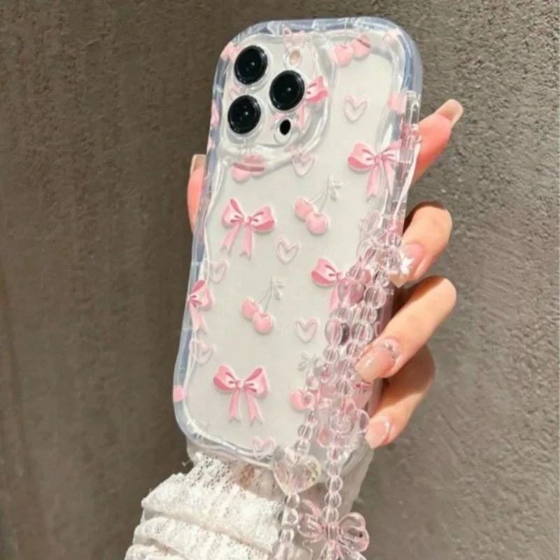 Chic Pink Bow Clear Phone Case with Bow Chain Silicone Cover