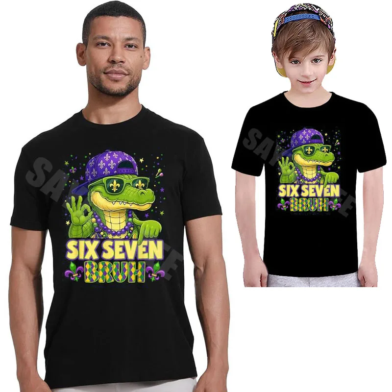 Bruh Six Seven 67 Mardi Gras Lustiges 6-7 Meme für Männer Frauen T-Shirt Y2k Lustige Mardi Gras Ästhetische Kleidung Krokodil Neuheit T-Shirts