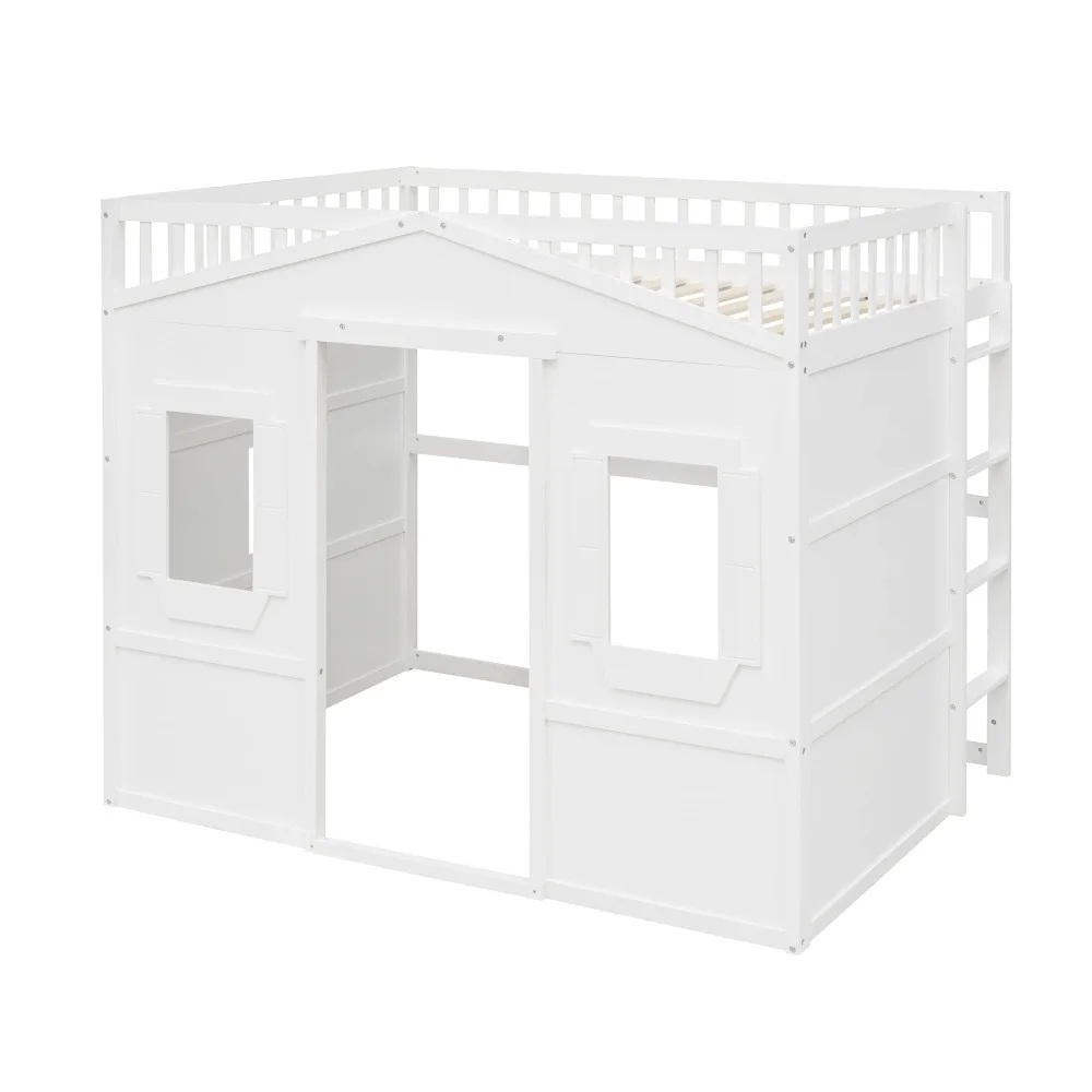 Full Size Loft Bed with Safety Guardrail for Kids Boys Girls, Playhouse Design Solid Wood Loft Bed Frame with Ladder and Windows 5
