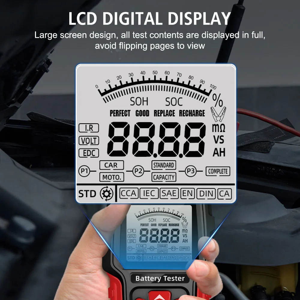 Battery Tester LCD Digital Measurement Diagnostic Tool Car Battery Tester 12V 24V for Vehicle Truck Motorcycle SUV Lead-acid Battery Test