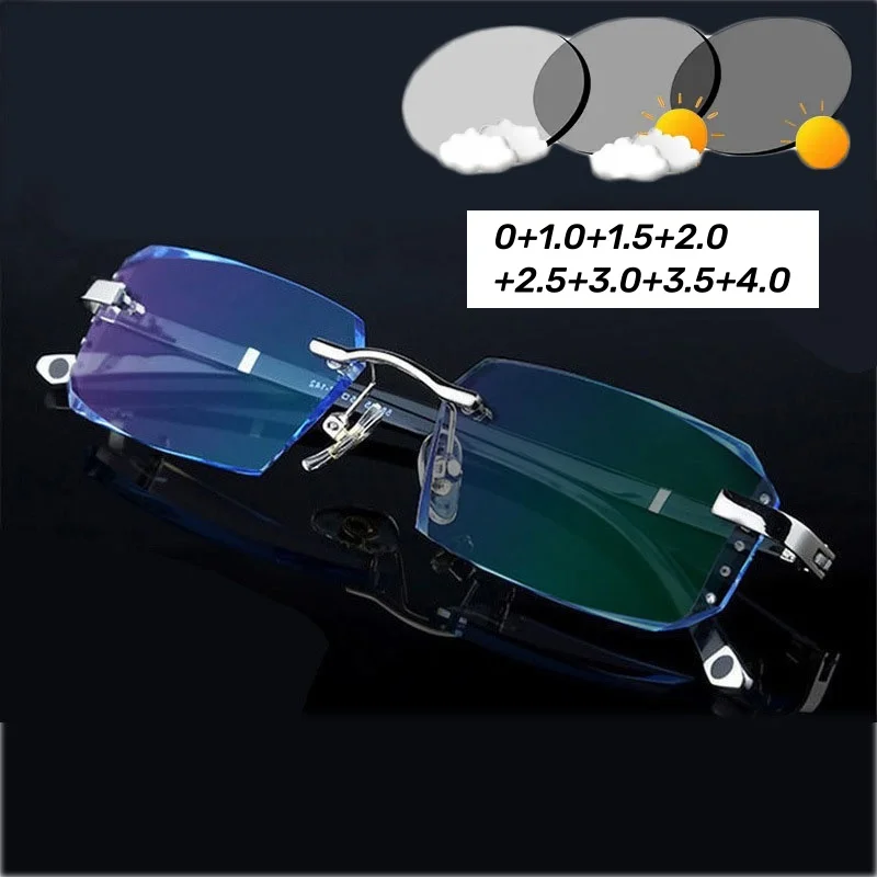 Luxus Outdoor Photochrome Lesebrille Männer Frauen UV Schutz Weit Anblick Gläser Diamant Cut Randlose Presbyopie 0 + 1,0 + 4,0