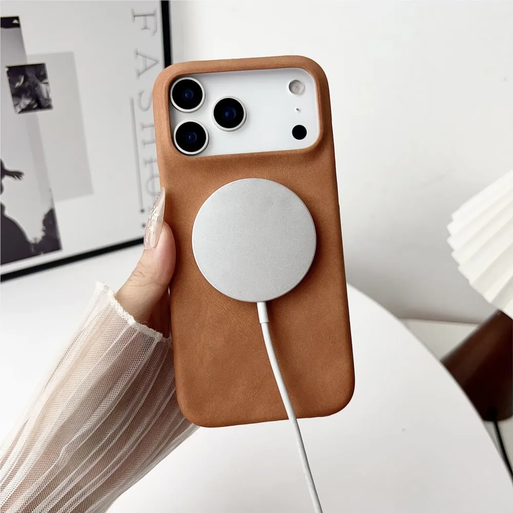 Vintage Sheepskin Leather Magnetic Phone Case - Matte Finish, Shockproof Protection
