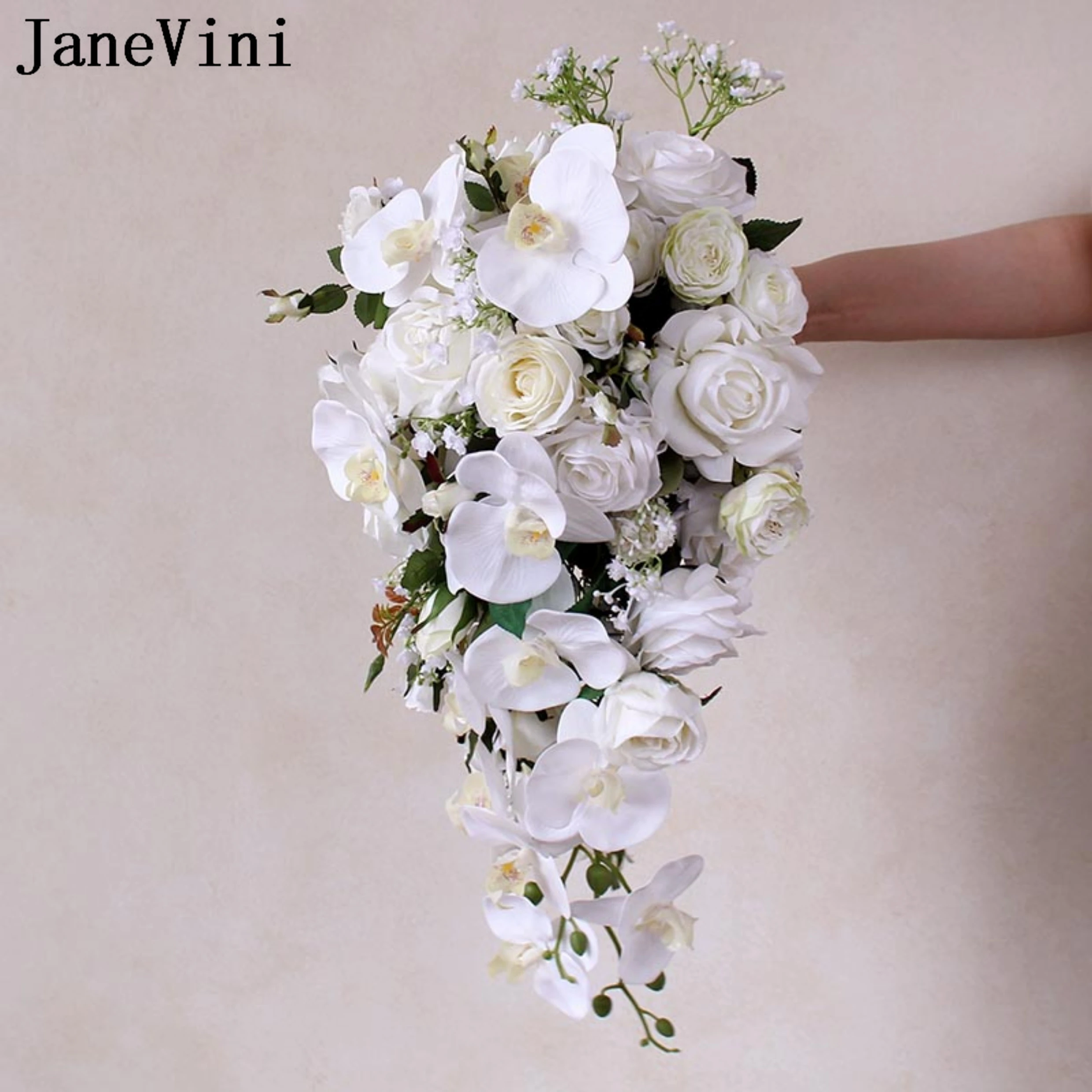 JaneVini White Waterfall Wedding Flowers Bridal Bouquets Artificial Moth Orchid Rose Silk Bride Hand Flowers Accessoire Mariage