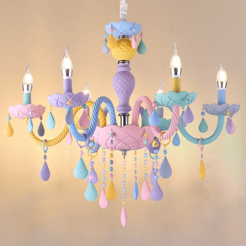 

Rainbow Crystal Chandelier European Candle Bedroom Children's Room American Girl Princess Makaron Pendant Chandeliers Light