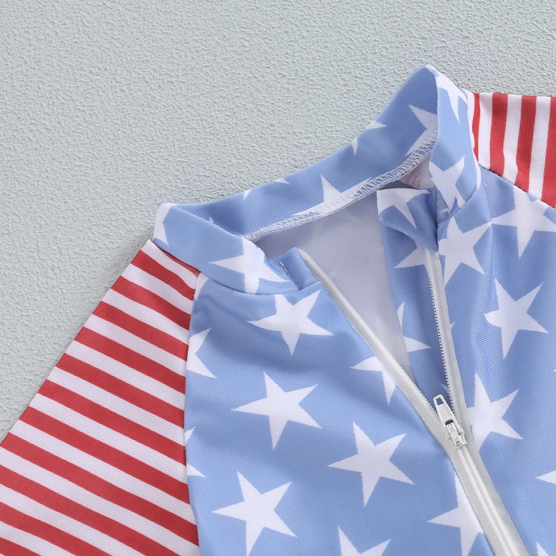 -04-01 Lioraitiin Independence Days Baby Boys Swimwear Patchwork Short Sleeve Star Stripe Print Zipper Swimsuit Beachwear
