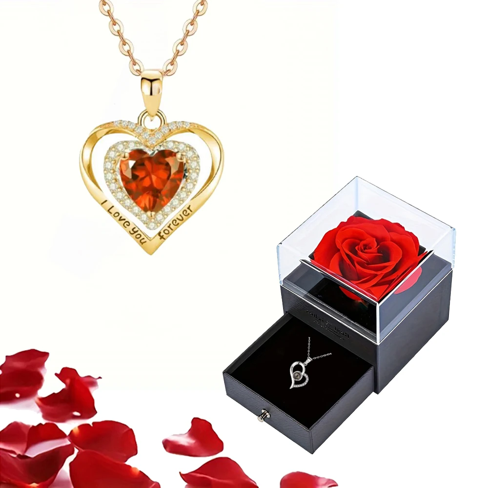 Exquisite Red Zircon Pendant Necklace in Rose Gift Box – Elegant I Love You Jewelry