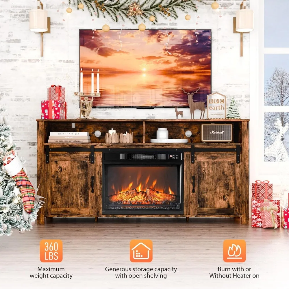 Fireplace TV Stand with Sliding Barn Door for 70 Inch TV,Farmhouse Entertainment Center with 23" Fireplace,Rustic Media Console 6