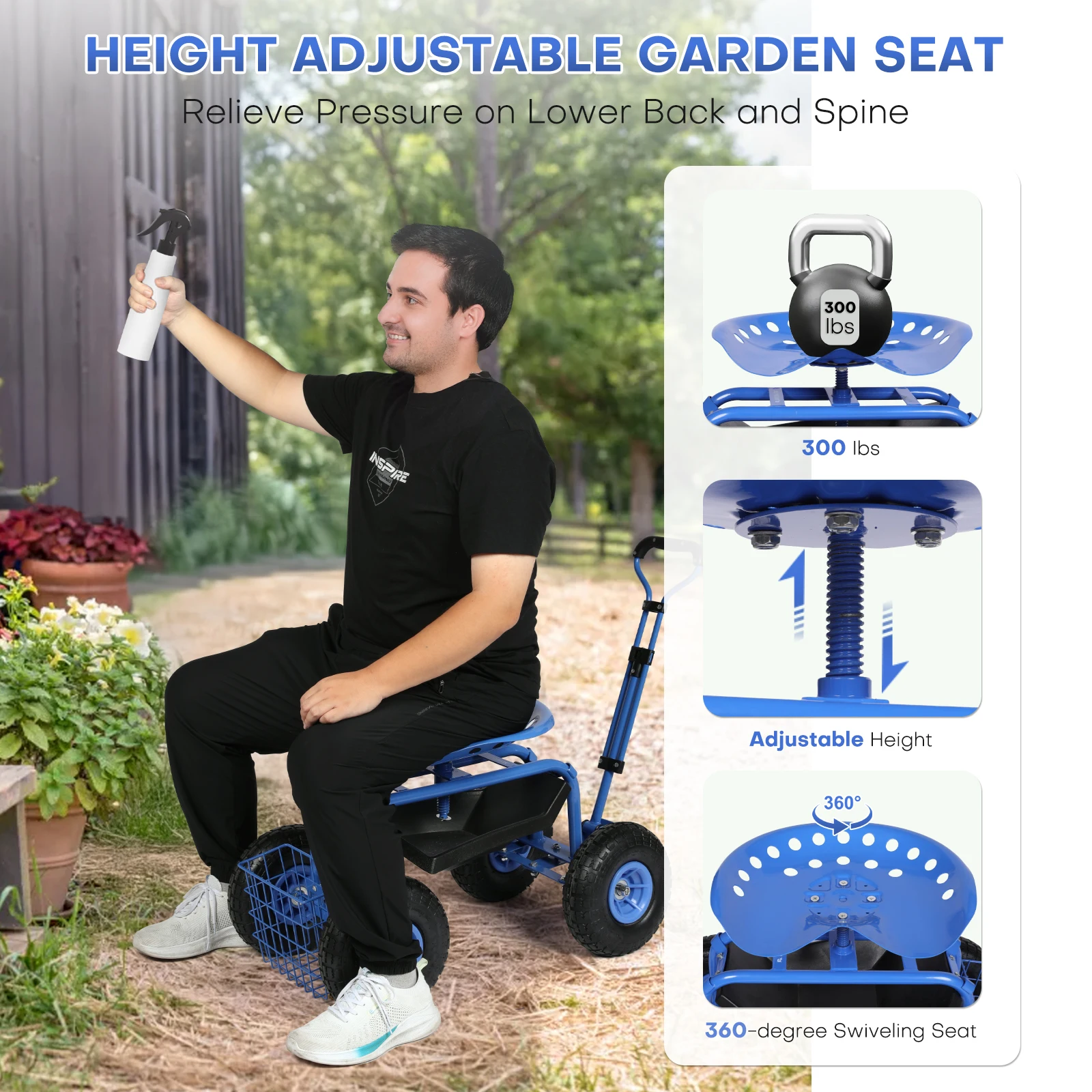 Roomark Rolling Garden Work Seat Wheels Garden Planting Stool 360&deg; Swivel Seat Scooter Steering Handle Tool Tray