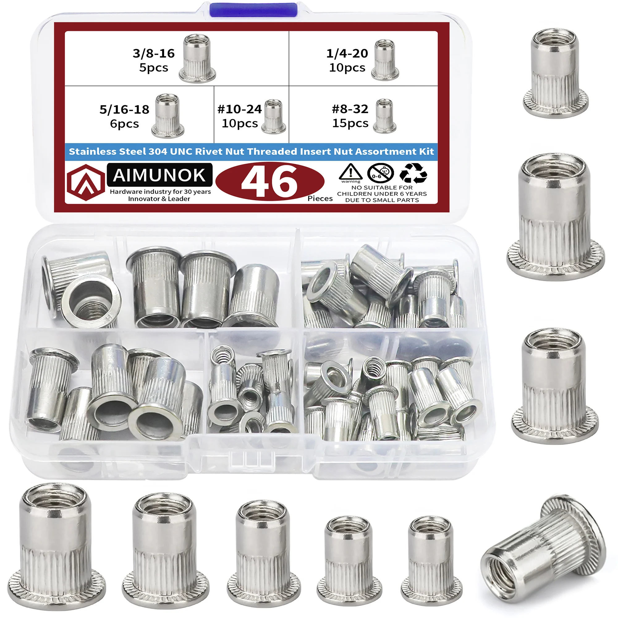 

Stainless Steel 304 UNC Rivet Nut Thread Insert Nut Combination Kit Flat Head knurled Female Rivet with Striated Through Hole