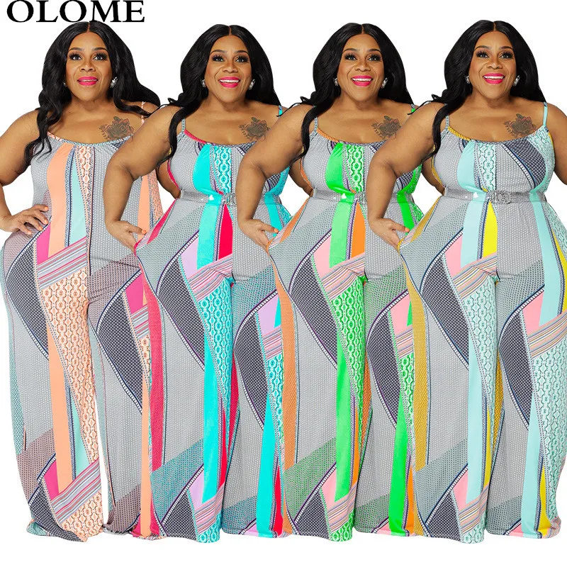 

Summer Women Loose Casual Jumpsuit with Sheer Belt Multicolor Print Sleeveless Spaghetti Rompers Pocket Leisure Bodysuit