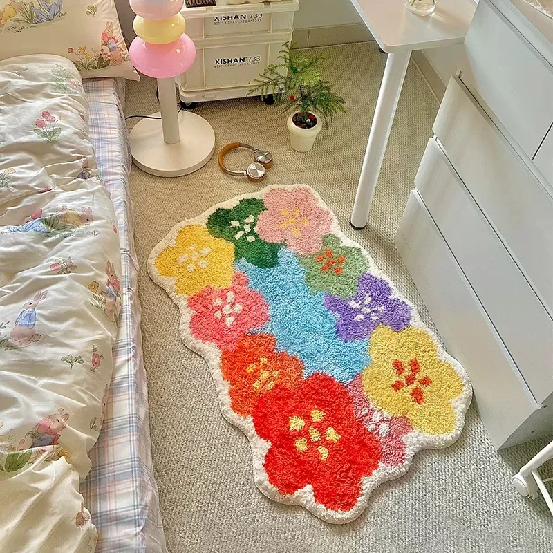 

Colorful Tufting Floral Rug Soft Flowers Carpet Anti Slip Bedroom Floor Pad Kids Room Bedside Mat Home Spring Decor 60x90cm