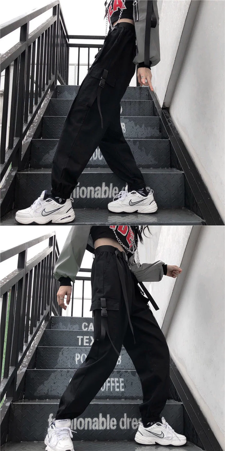 crop pants for women Wide Leg Elastic Waist Jogger Cargo Spring Trouser Sashes Punk Students Harem Pant Korean Pocket Casual New Loose Women Pants denim capris