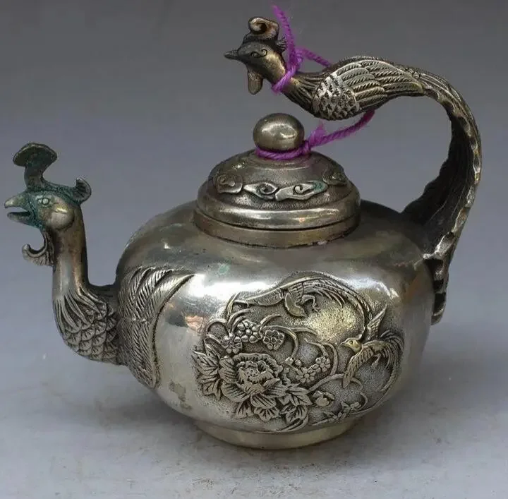 

Chinese ancient Tibet silver phoenix statue decoration kettle wine pot teapot metal crafts home decoration