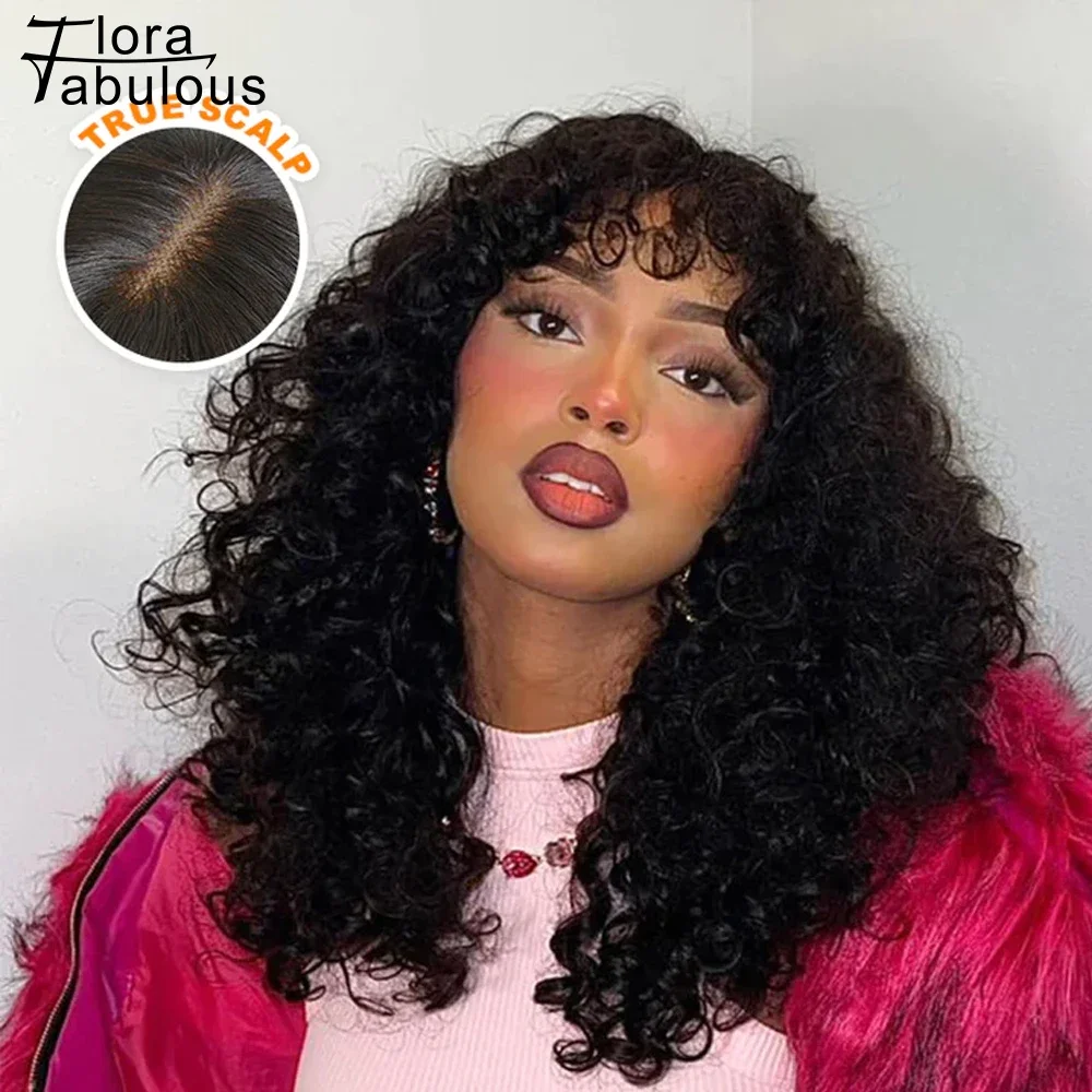 True Scalp Curly Wig With Bangs Natural Look Brazilian Human
