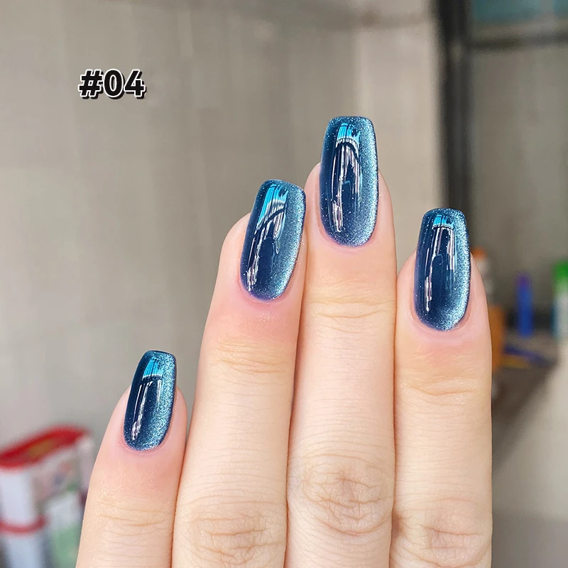 Vernis semi-permanent à ongles gel œil de chat bleu jade, base et top coat pour nail art, gel UV/LED, paillettes, à faire soi-même_voghion.com