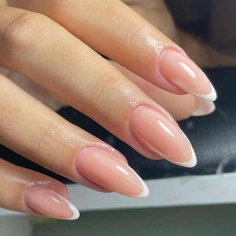 JUSTUNX 24 Stück Falsche Nägel – Mandelform, Nackt Rosa, French Press-on, Mit Kleber