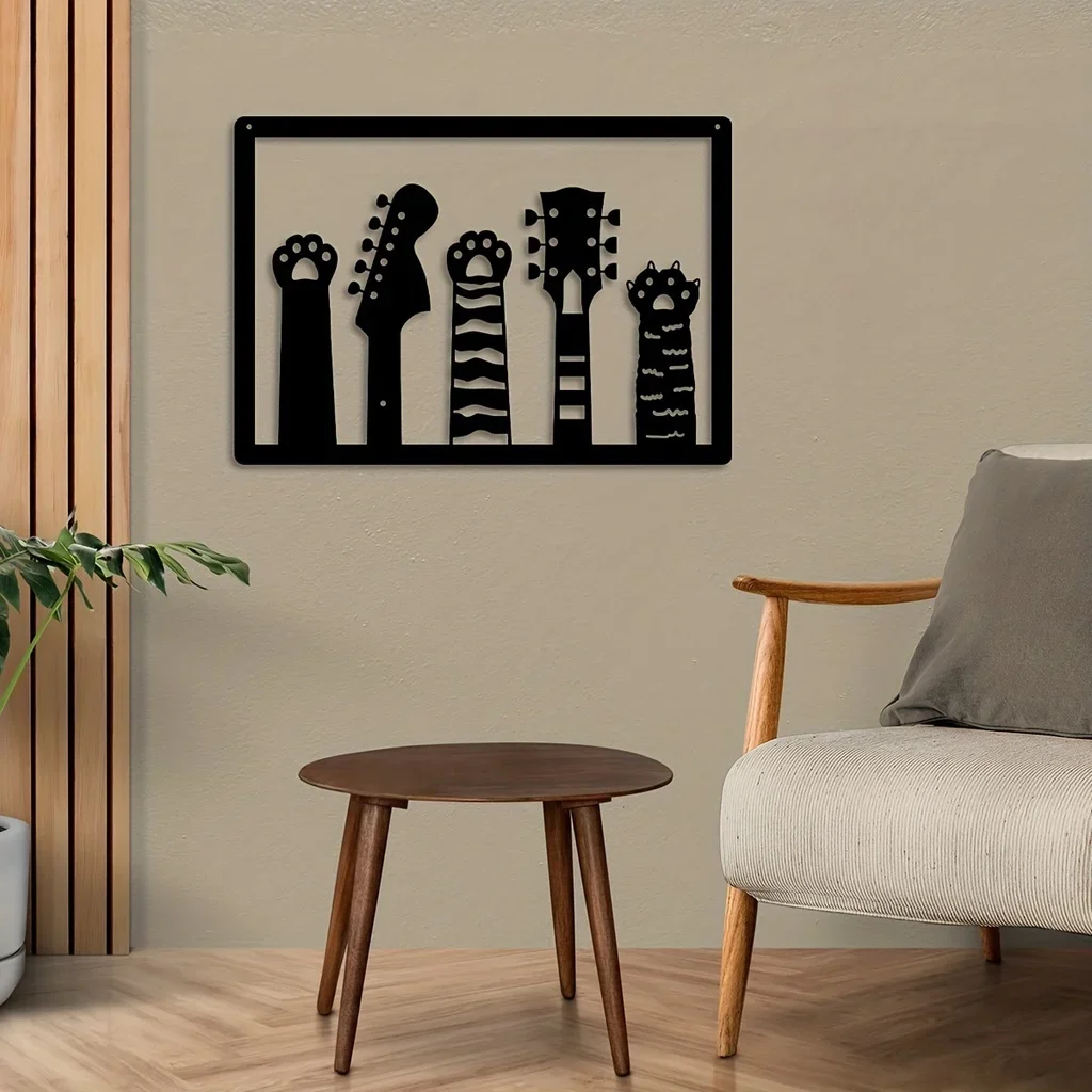 

1pc Metal Guitars And Cat Paw Wall Art Sculpture Decorative , Guitars Wall Silhouette Metal Wall Decor, Office Home Decoration