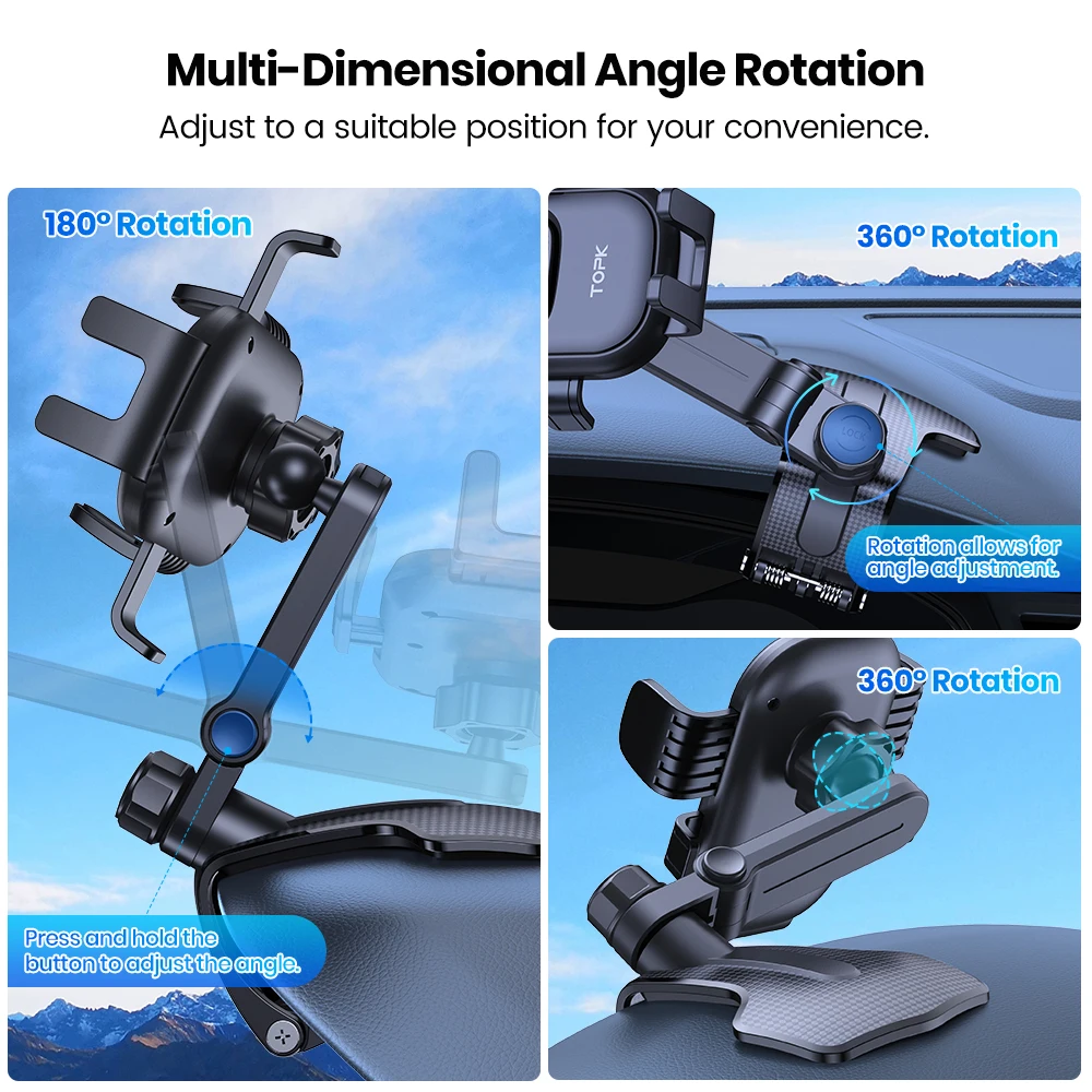 Car Phone Holder Dashboard Clip Stand Multi-Angle Rotation Silicone Anti-Slip Co