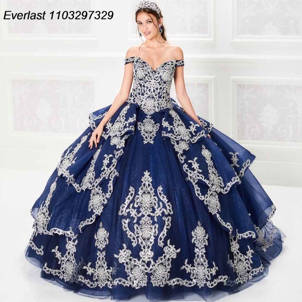 

EVLAST Shiny Navy Blue Quinceanera Dress 2024 Ball Gown Lace Applique Beading Crystal Tiered Sweet 16 Vestido De 15 Anos TQD356