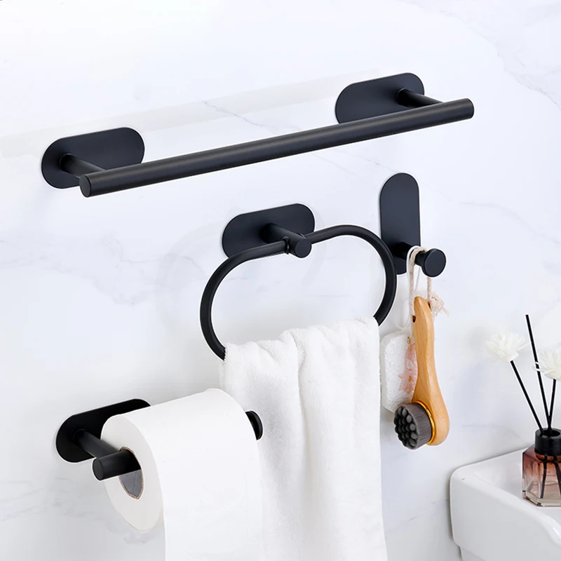 Stainless Steel Self-adhesive Towel Bar Paper Holder Robe Hook Towel Ring Bathroom Accessories Set