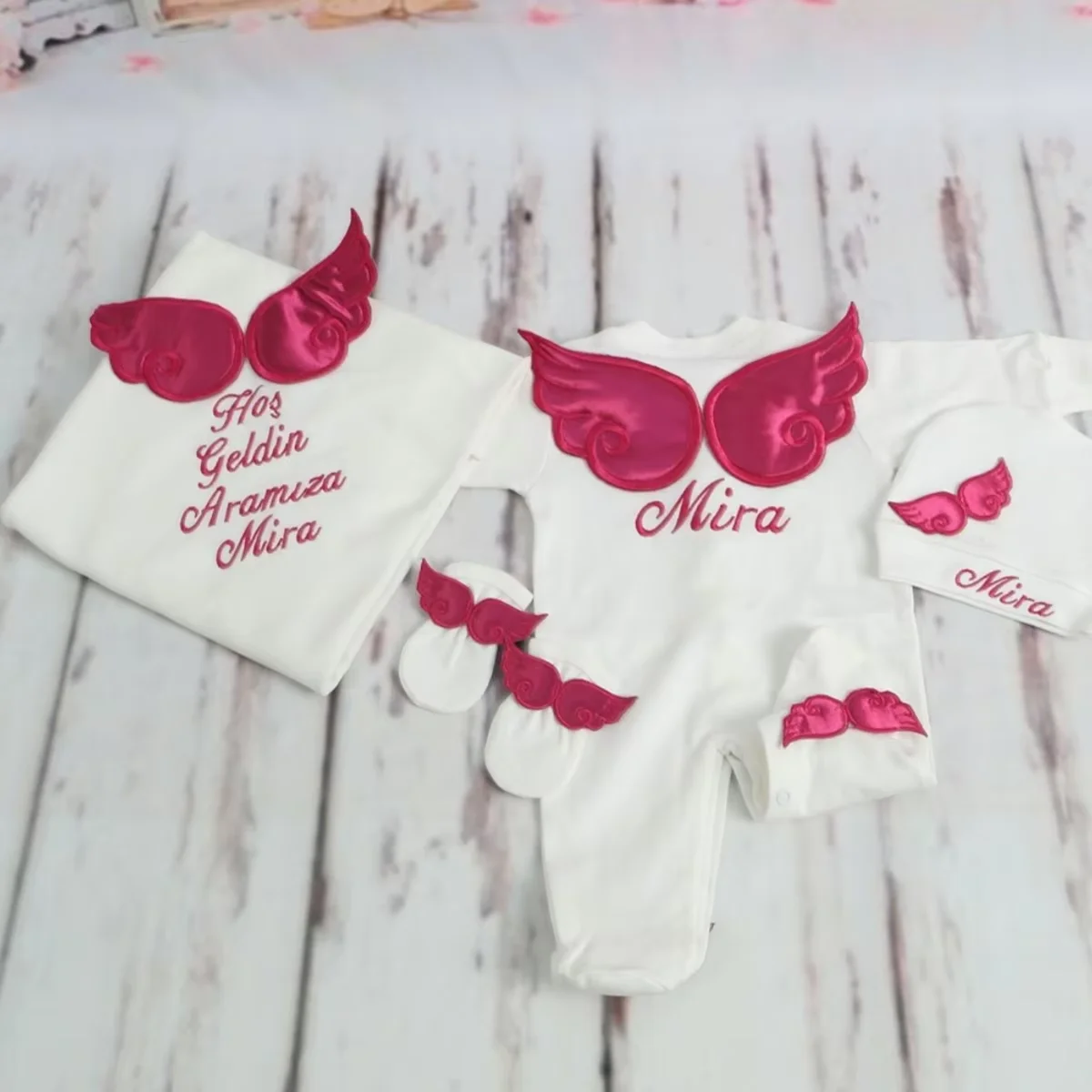 Hospital Exit Newborn Wings Romper & Swaddle Set - Embroidered Blanket and Nursery Bedding Collection