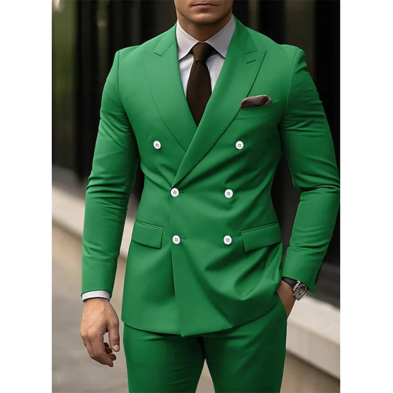 Latest Blazer Pants Design Slim Fit Suits For Men 2 Piece Army Green Double Breasted Groom Wedding Tuxedos Costume Homme