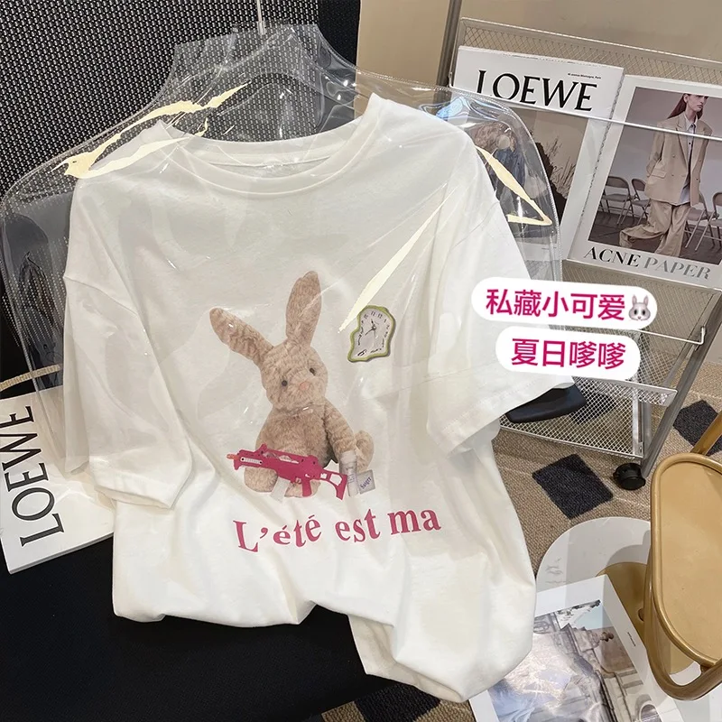 

Женские футболки, топы, японская винтажная свободная футболка с принтом в виде кролика в стиле ольччан, женская одежда в Корейском стиле Харадзюку