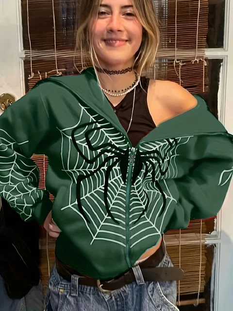 2023 Cross Border Spider Web Zipper Sweater Women's Casual Trendy Hoodie Spring and Autumn Fleece American Coat 5
