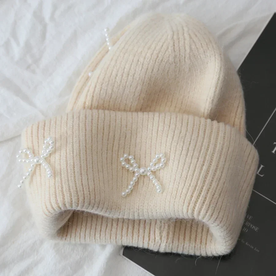Korea Ins Bowknot Pearl Knitted Hats Angora Rabbit Fur Y2K Winter Hat Women Girls Fluffy Warm Beanies Plush Thick Skullies Caps 4