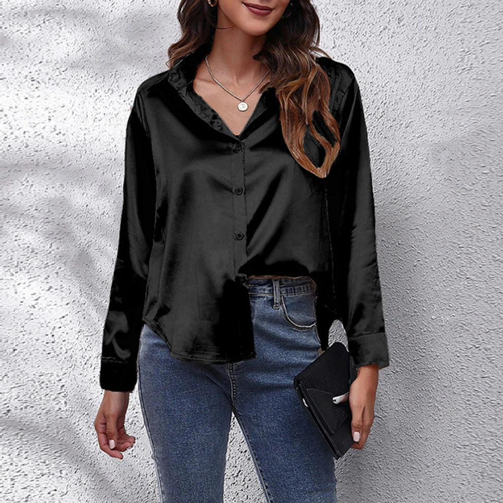 

Women's Satin Imitation Silk Lapel Blouse Casual OL Work Long Sleeve Buttons Tops Elegant Shirts Smooth Fashion Ladies Shirts