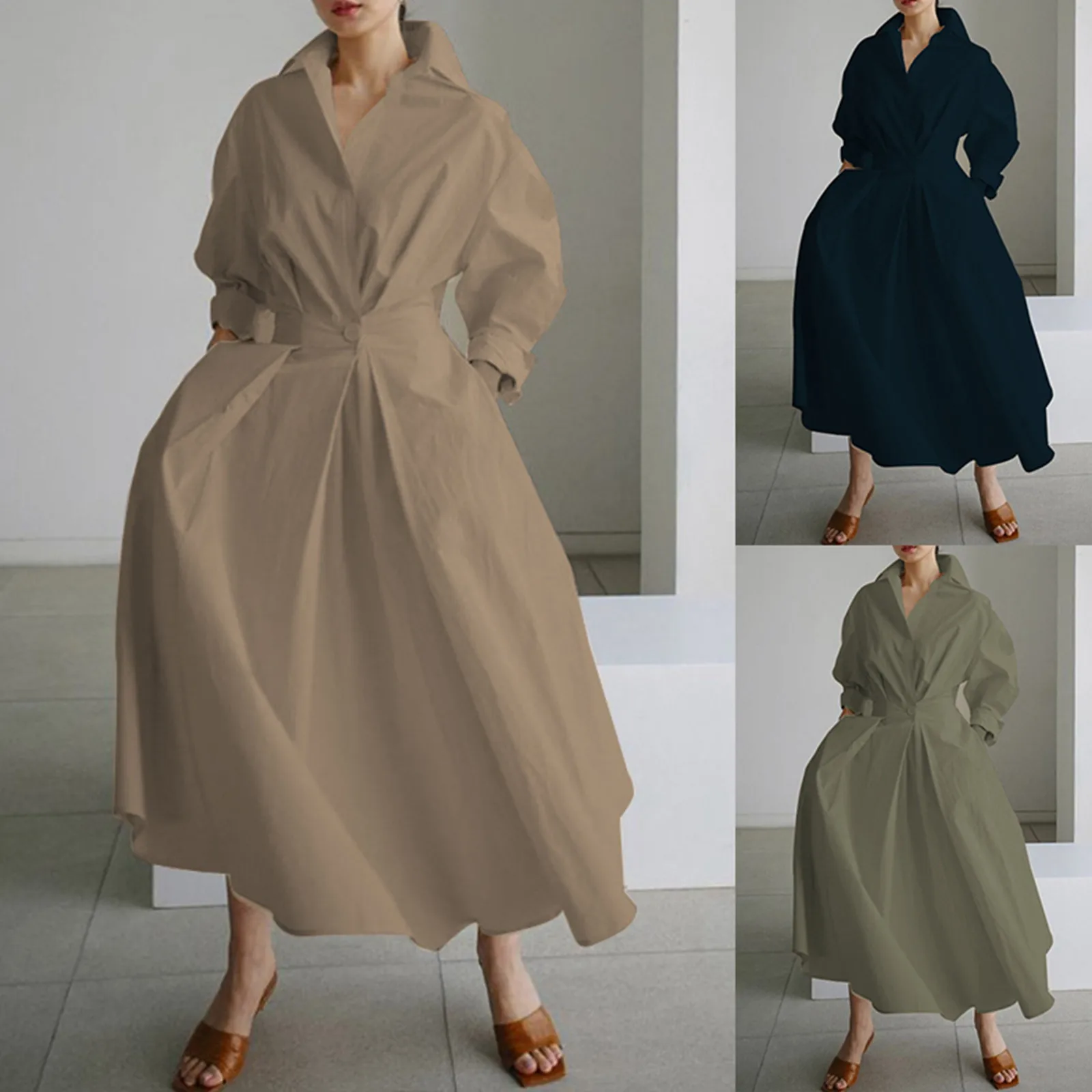 

Dress For Women Summer 2024 Causal Fashion Long Sleeve Dresses Solid Color Loose X Line V Neck Mid Calf Length Party Sundress