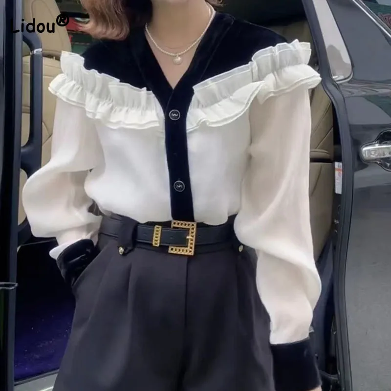 Female Korean Commute Ruffles Spliced Blouse Autumn New Fashion Temperament Patchwork Single-breasted Shirt Women's Clothing fashion elegant women s printed chiffon pullovers shirt 2023 korean ruffles spliced v neck temperament blouse female clothing