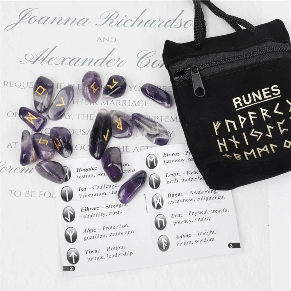 25 PC Natural Crystal Rune Stone Set Nordic Rune Letter Amethyst Gem Irregular Agate Divination Healing Stone Lucky Decoration