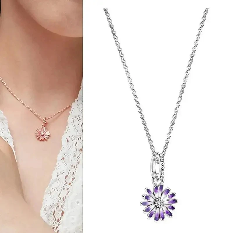 New Classic 100% 925 Silver Women's Ocean Heart Cat Eye Beads Exquisite Daisy Necklace Set DIY Charm Jewelry Gift