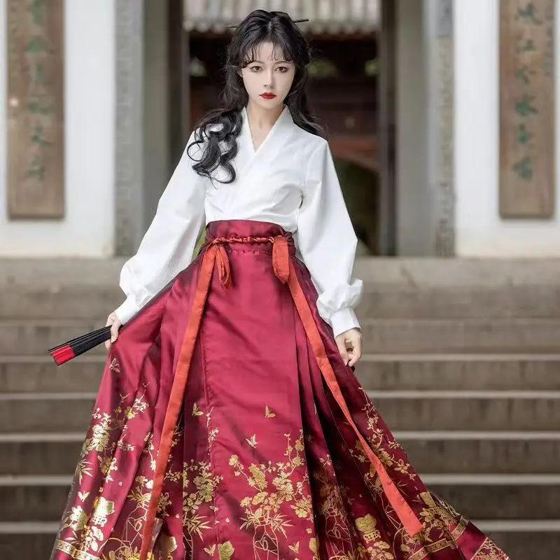 

XinHuaEase Hanfu Женская юбка с изображением лица Красной лошади современный Плетеный Золотой мамианкун династия Мин новый костюм в китайском стиле