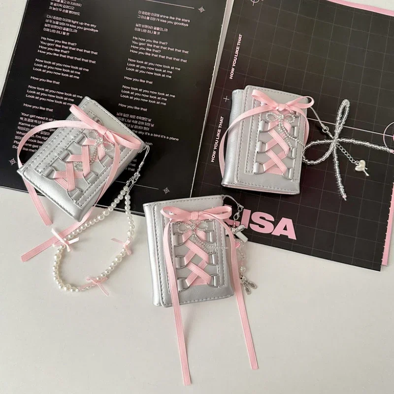 Y2k Silver Sweet Wallets for Women New Strap-on Designer Original Fashion Short Coin Purse Korean Style Casual Cute Wallet Purse