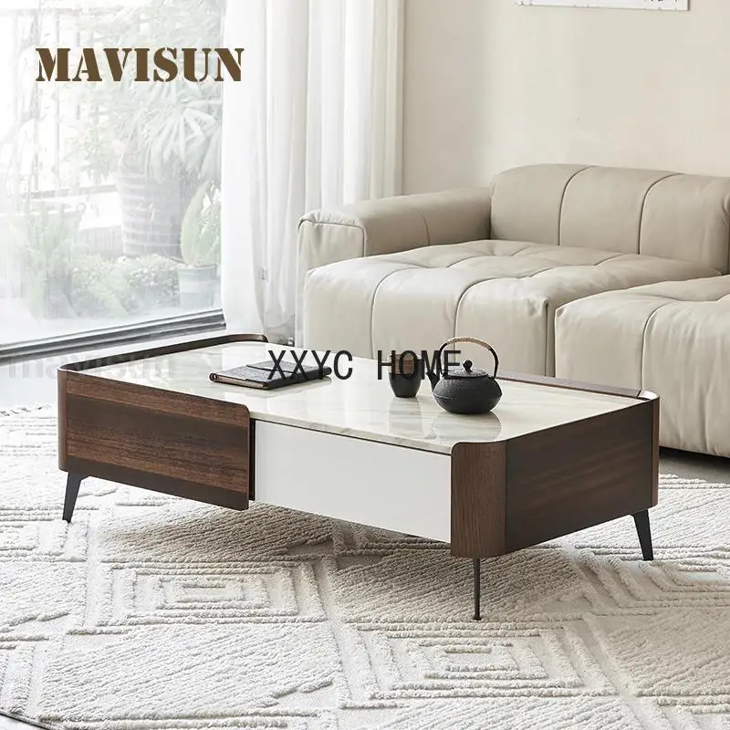 

High-End Coffee Table With Four Drawers Stable Rock Plate Tabletop Living Room Furniture Smooth Corners Modern Wooden