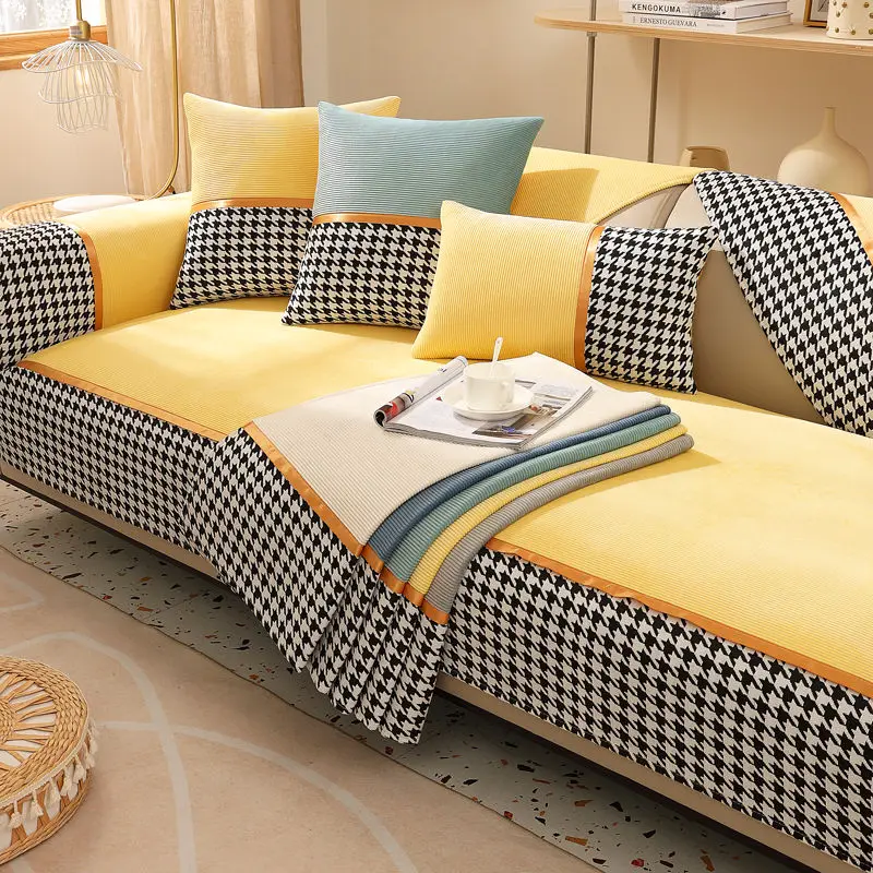 Plush Sofa Cushion Thickening Living Room Plaid Sofa Cover Cushion