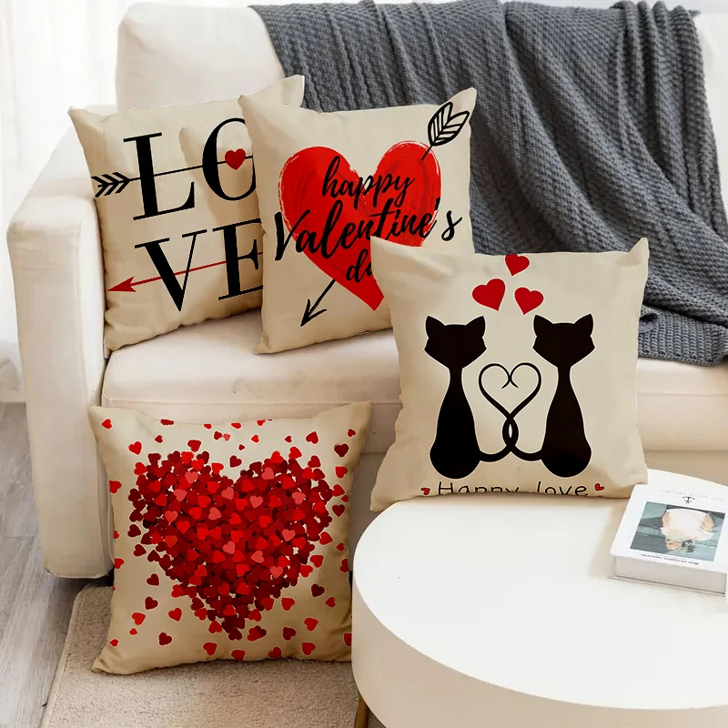 

Love Cat Valentine's Day Pattern Printed Sofa Square Pillowslip Soft Linen Blend Cushion Cover Pillowcase Living Room Home Decor