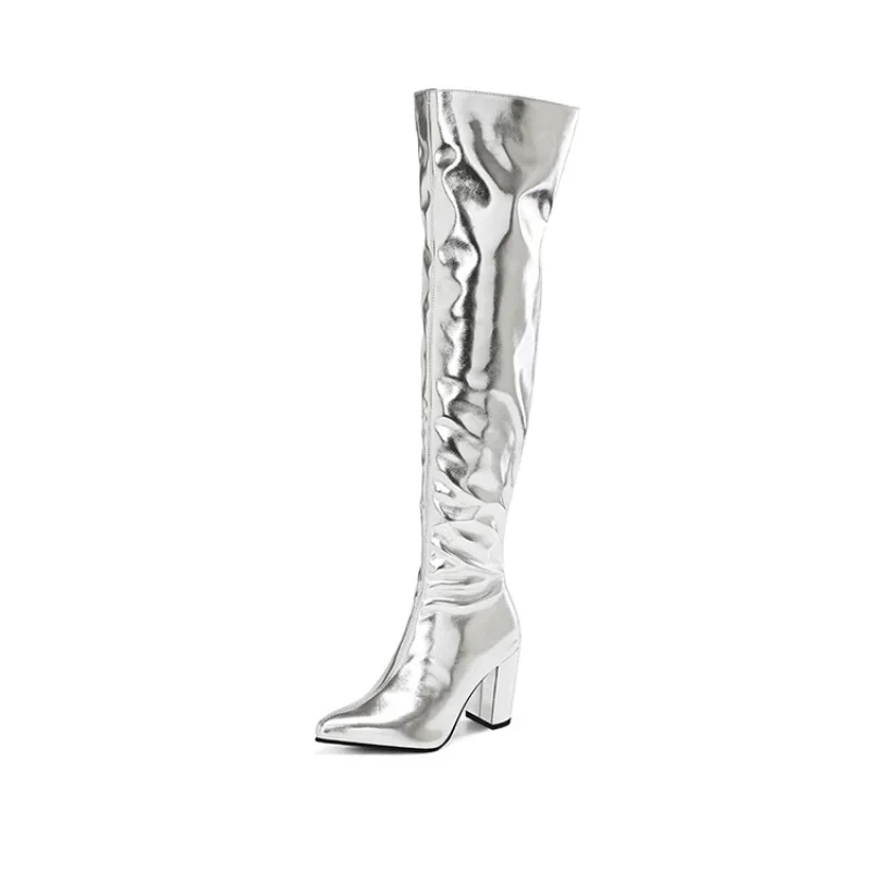 2023 Knee Over Silver Boots Side Zipper Pointed Metal Soft Leather Fashion European and American Boots 32-46 Racing Model Boots