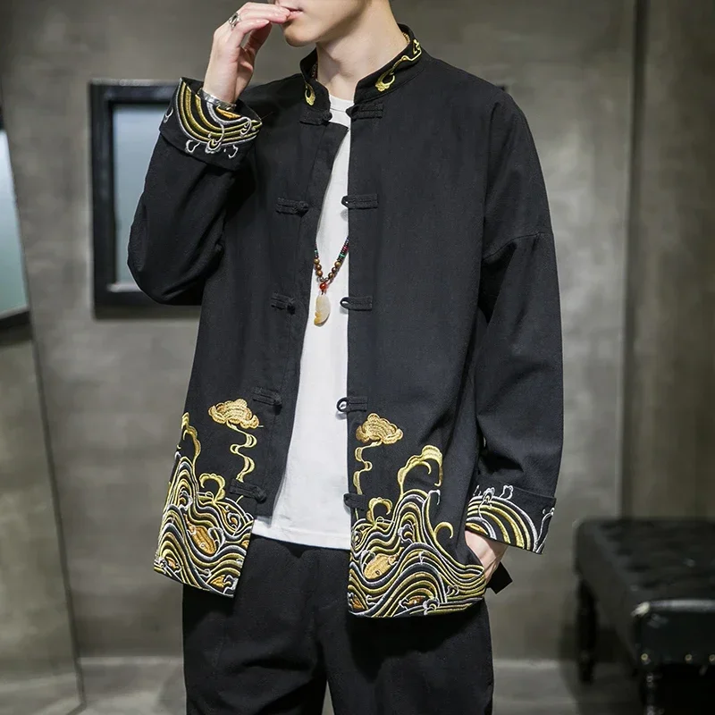 Mens Chinese Style Embroidered Jacket Cotton Linen Tang Suit Wudang Disc Button Chinese Tunic Suit Tops Men Cloting