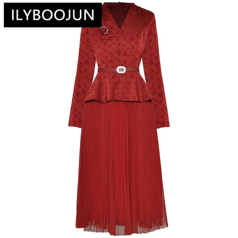 

ILYBOOJUN Fashion Women's dress V-neck Long sleeved Jacquard applique Lace up Ruffles Patchwork Pleated mesh Elegant Dresses