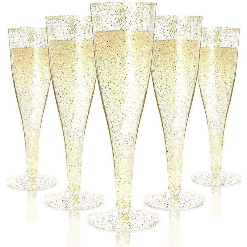 

Plastic Champagne Flutes Wine Glasses Gold Glitter Champagne Glasses Reusable Stemmed Party Wine Cups For Parties