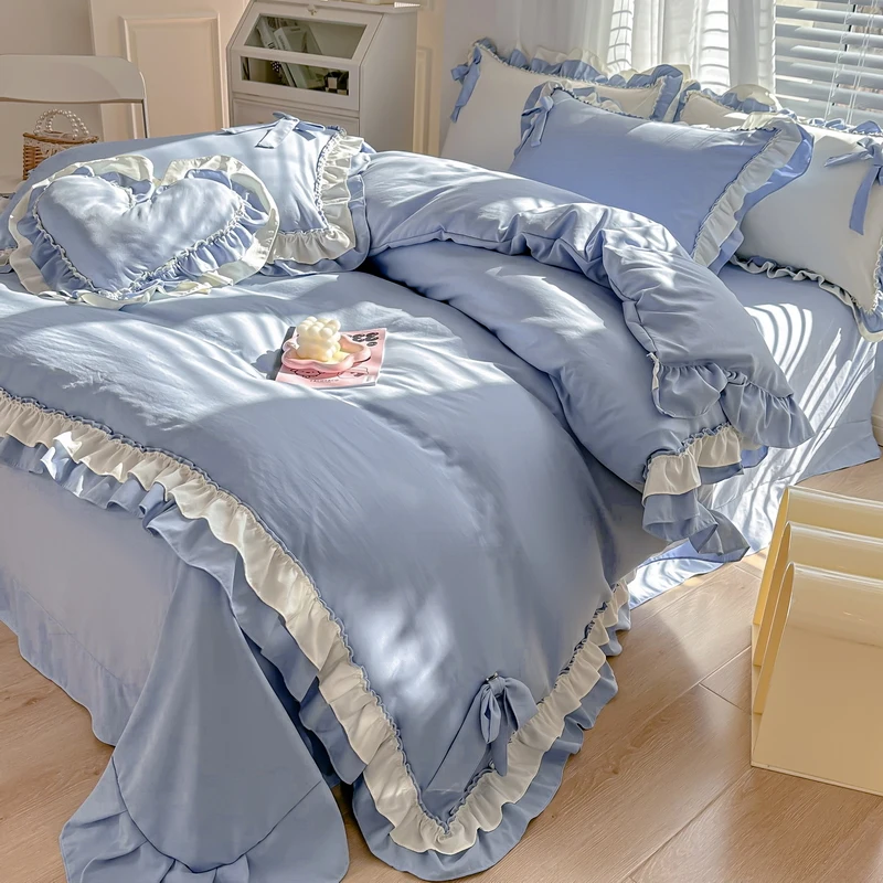 

MissDeer Washed Cotton Bedding Set roupa de cama Lace Ruffles Bedsheet Set with Pillowcase for Girls White and Blue Bedclothes