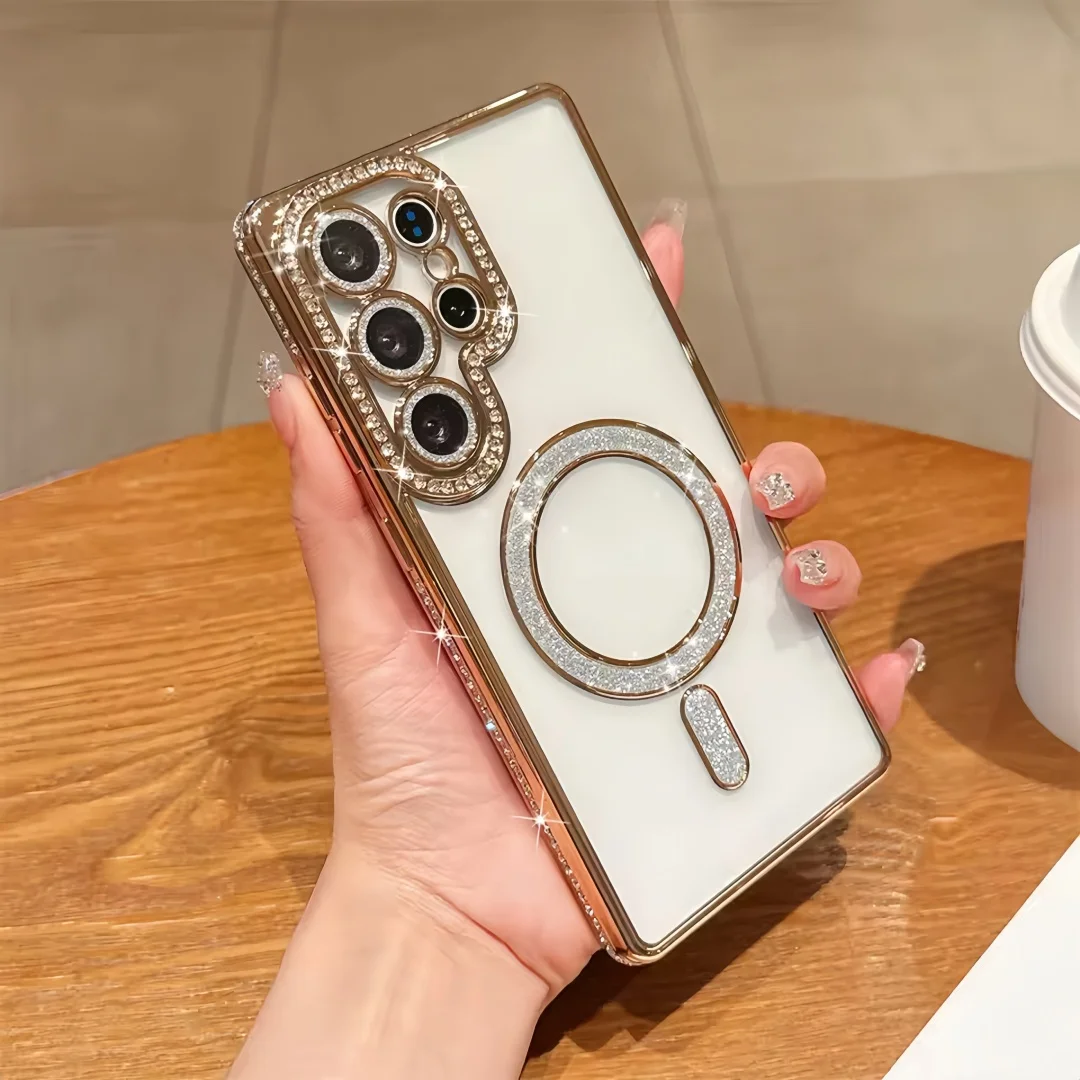 Luxury Glitter Rhinestone Magnetic Transparent Phone Case with Plating Finish